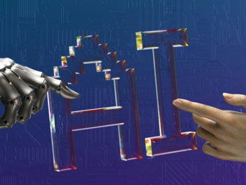 robot and human hands reaching toward ai text